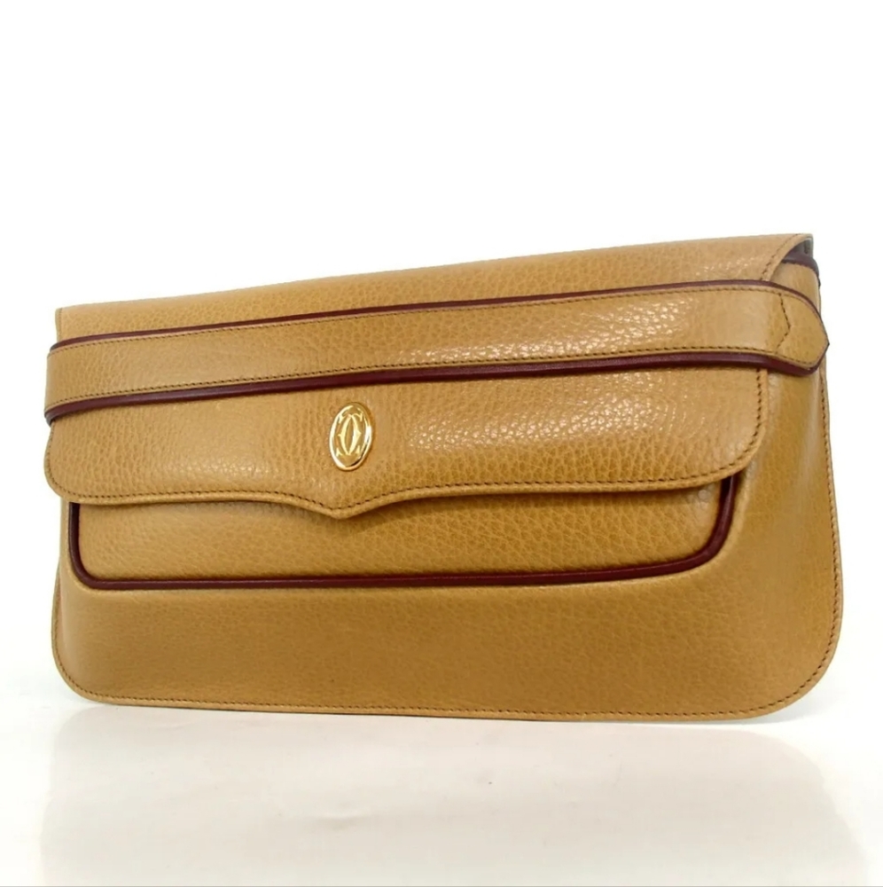 CARTIER Clutch Bag Vintage Must De Cartier Camel Bordeaux Leather Wristlet